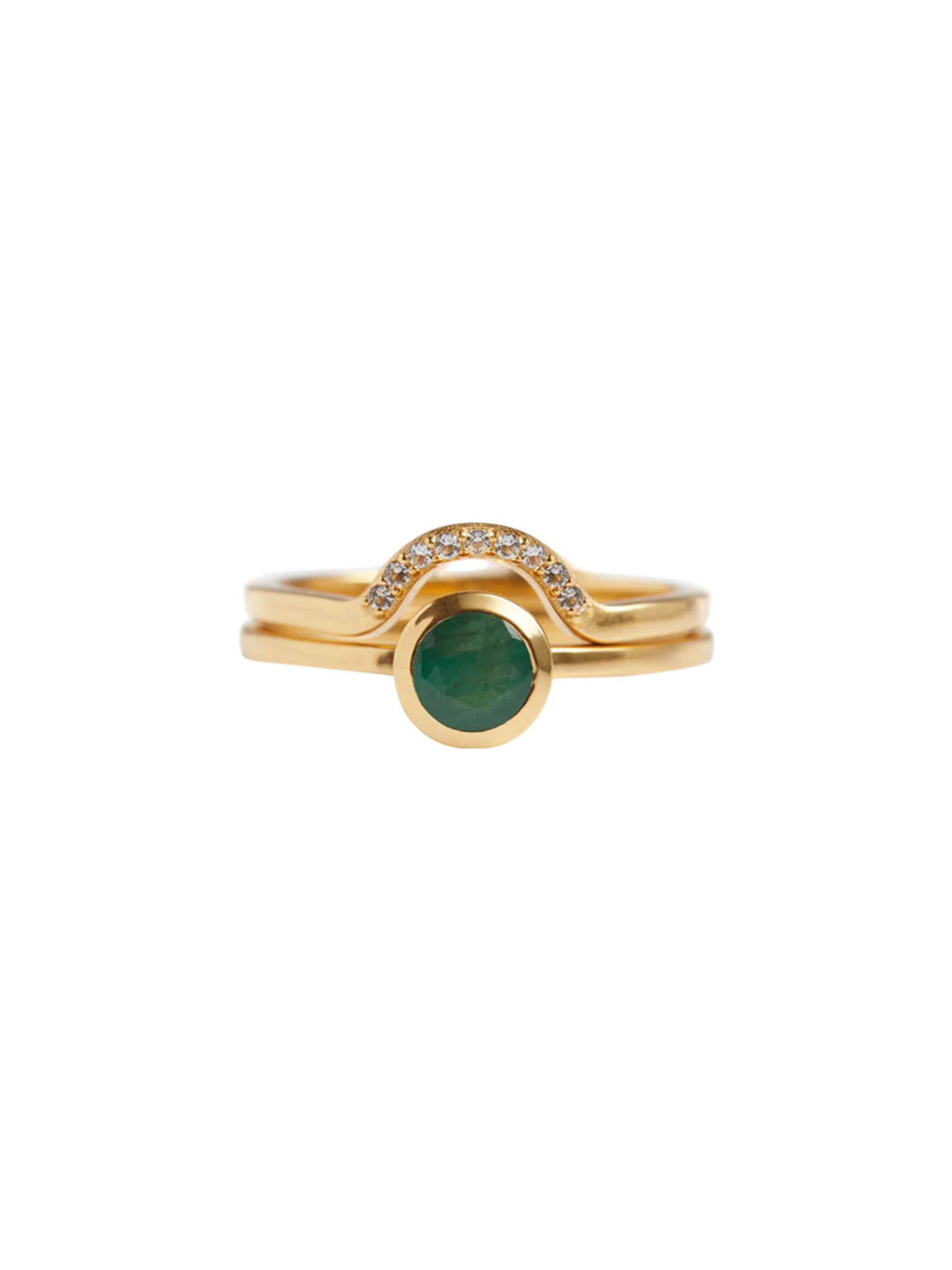 Mountain pave & solitaire stack emerald solid gold ring set